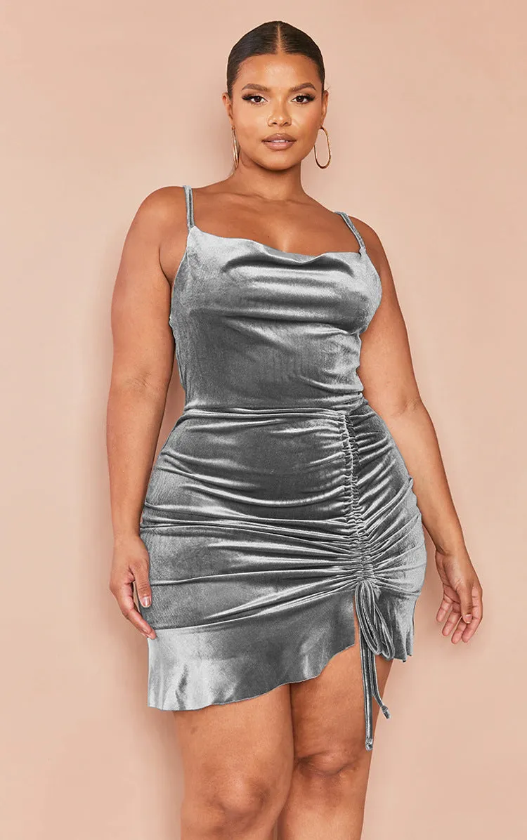 Velvet Bodycon Mini Dress with Adjustable Drawstring and Spaghetti Straps