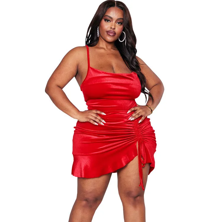 Velvet Bodycon Mini Dress with Adjustable Drawstring and Spaghetti Straps