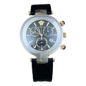 Versace Revive Chronograph Mens Watch - Black Dial, Black Leather Strap