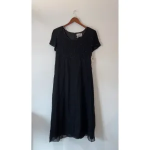 Vintage Adrianna Papell Silk Babydoll Dress 14 Sequin Beaded Black Womens New