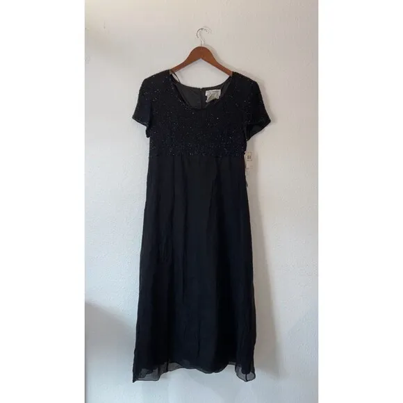 Vintage Adrianna Papell Silk Babydoll Dress 14 Sequin Beaded Black Womens New