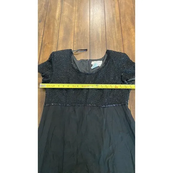 Vintage Adrianna Papell Silk Babydoll Dress 14 Sequin Beaded Black Womens New