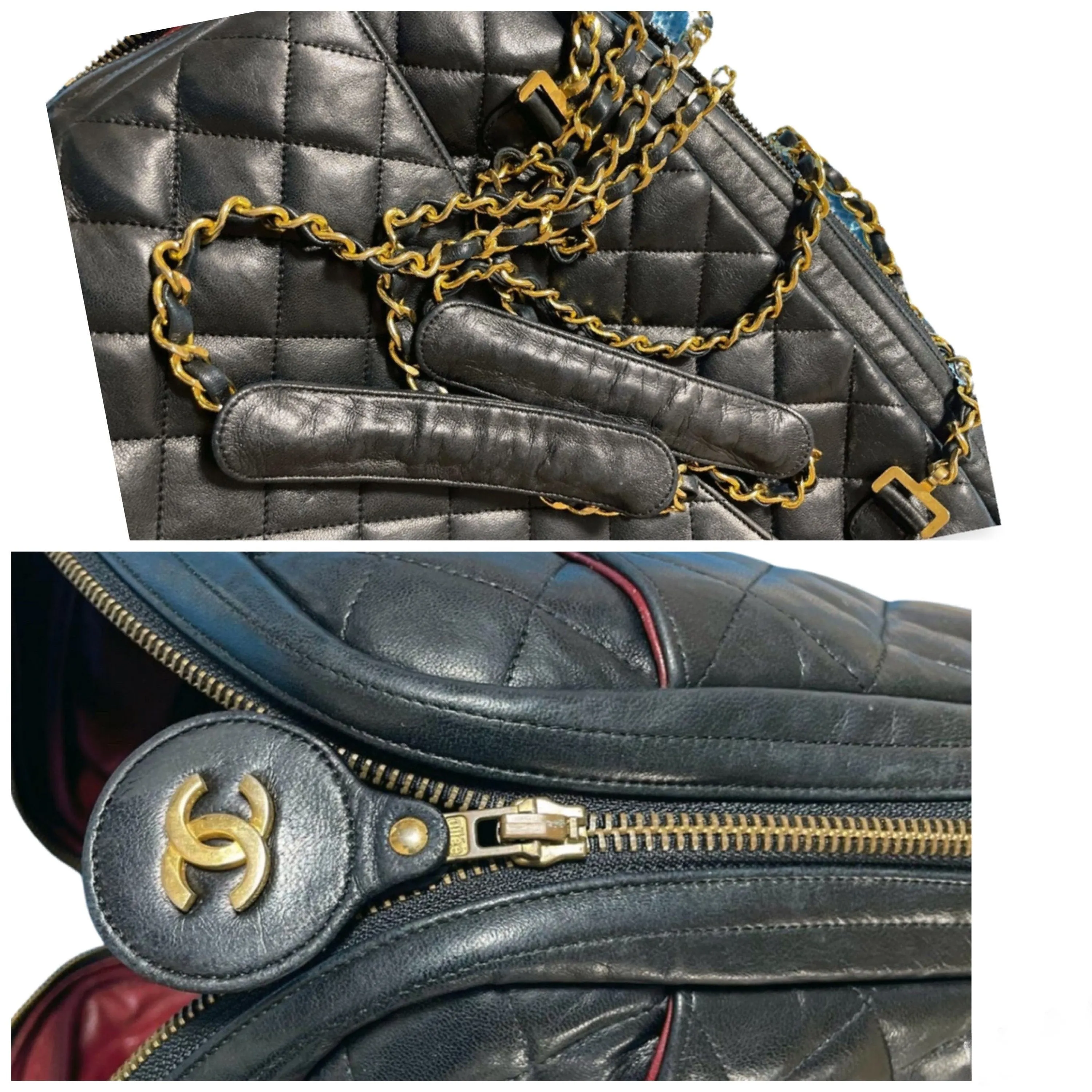 Vintage CHANEL black lamb leather large bag with double golden chain strap and a CC pull charm. Perfect daily bag. ailee zipper. 060423ac2