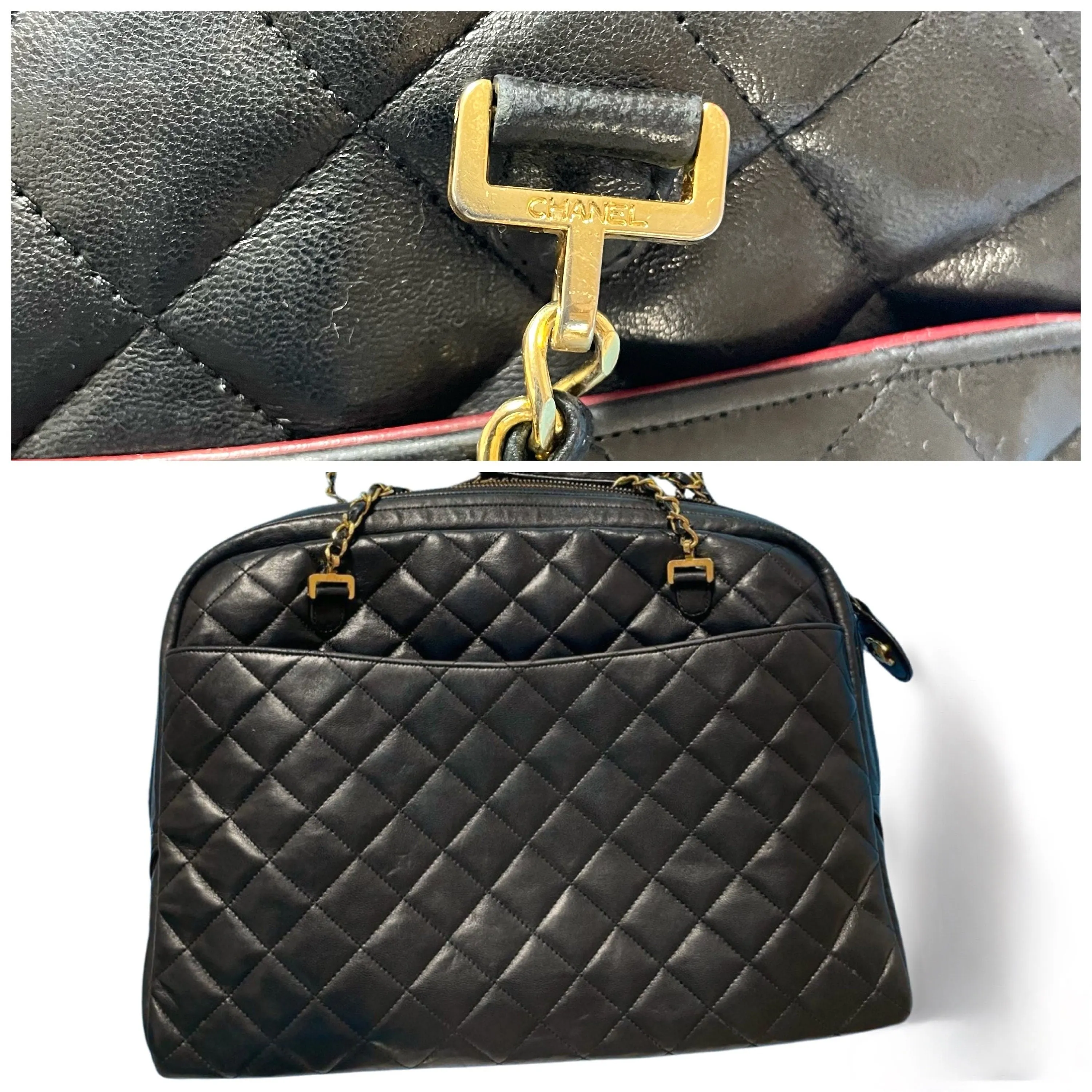 Vintage CHANEL black lamb leather large bag with double golden chain strap and a CC pull charm. Perfect daily bag. ailee zipper. 060423ac2