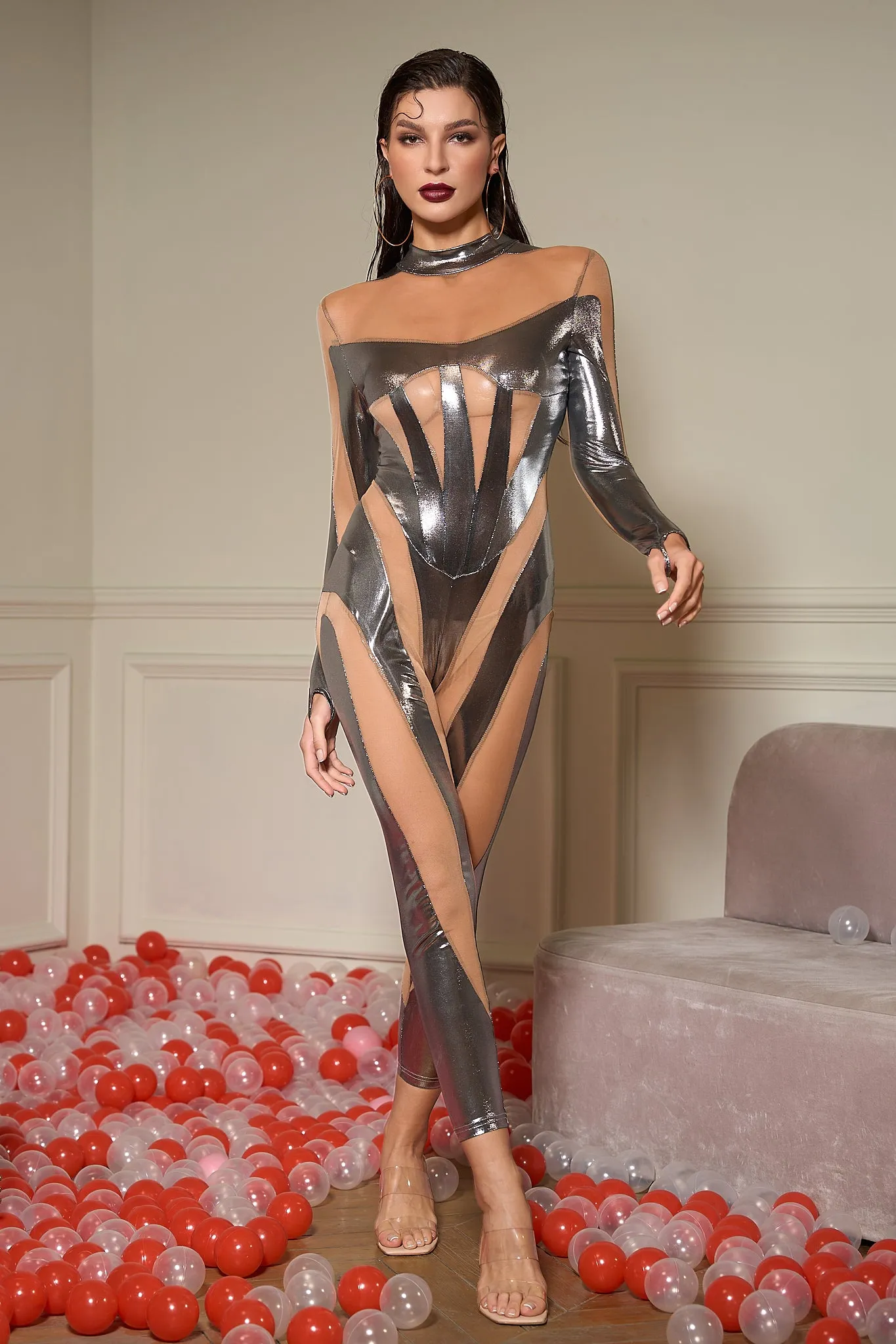 Winola Silver Stripe Mesh Jumpsuit