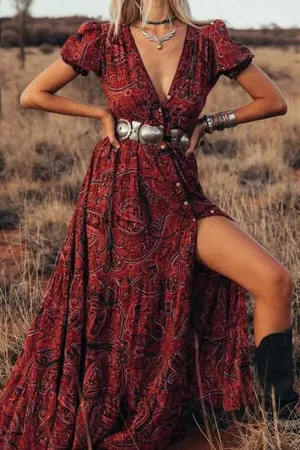 Wisherryy Printed V-Neck Short Sleeve Bohemian Resort Maxi Dress(4 Colors)