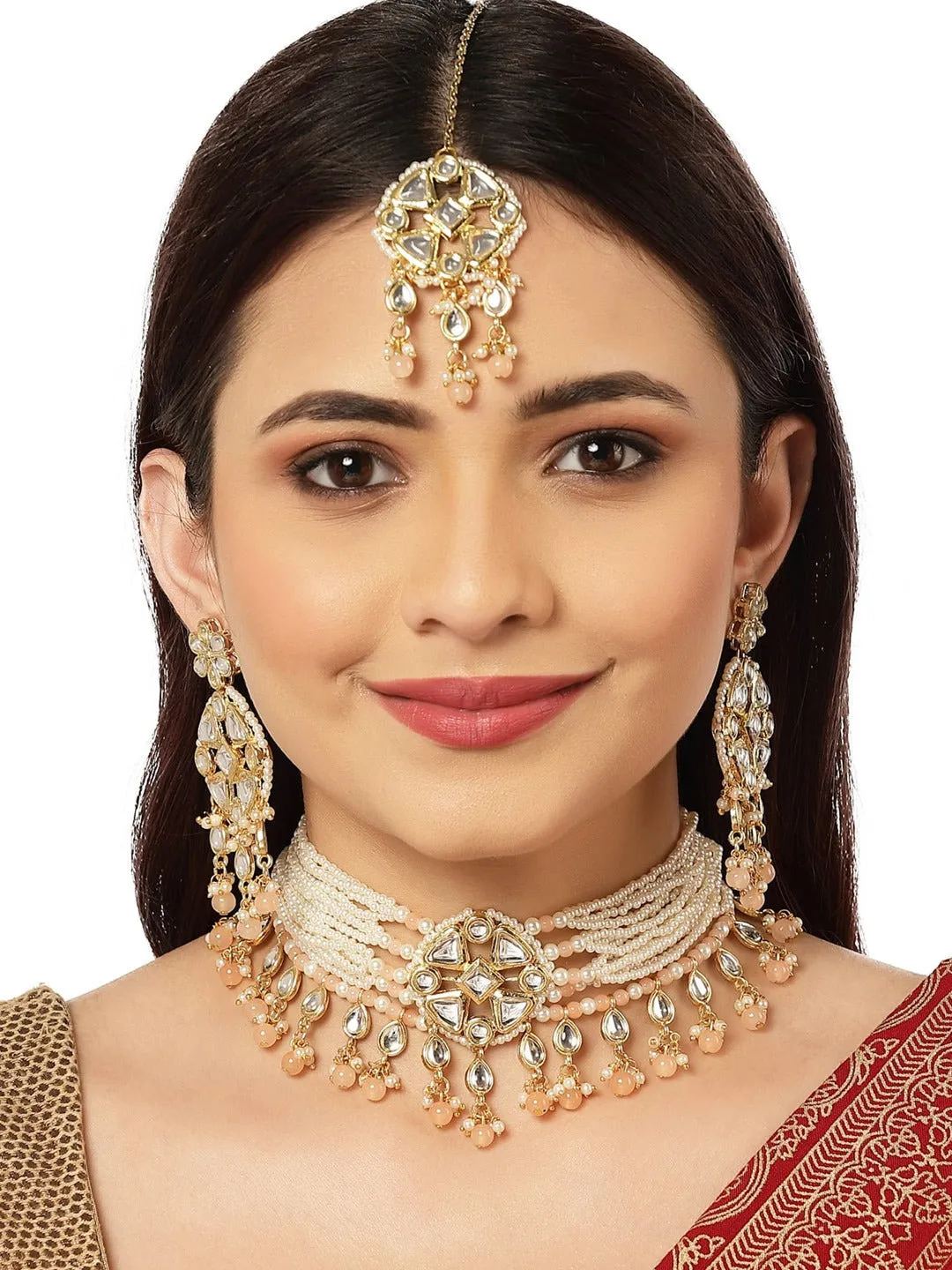 Women Gold Plated Peach Beads Studded Kundan Choker Necklace Set