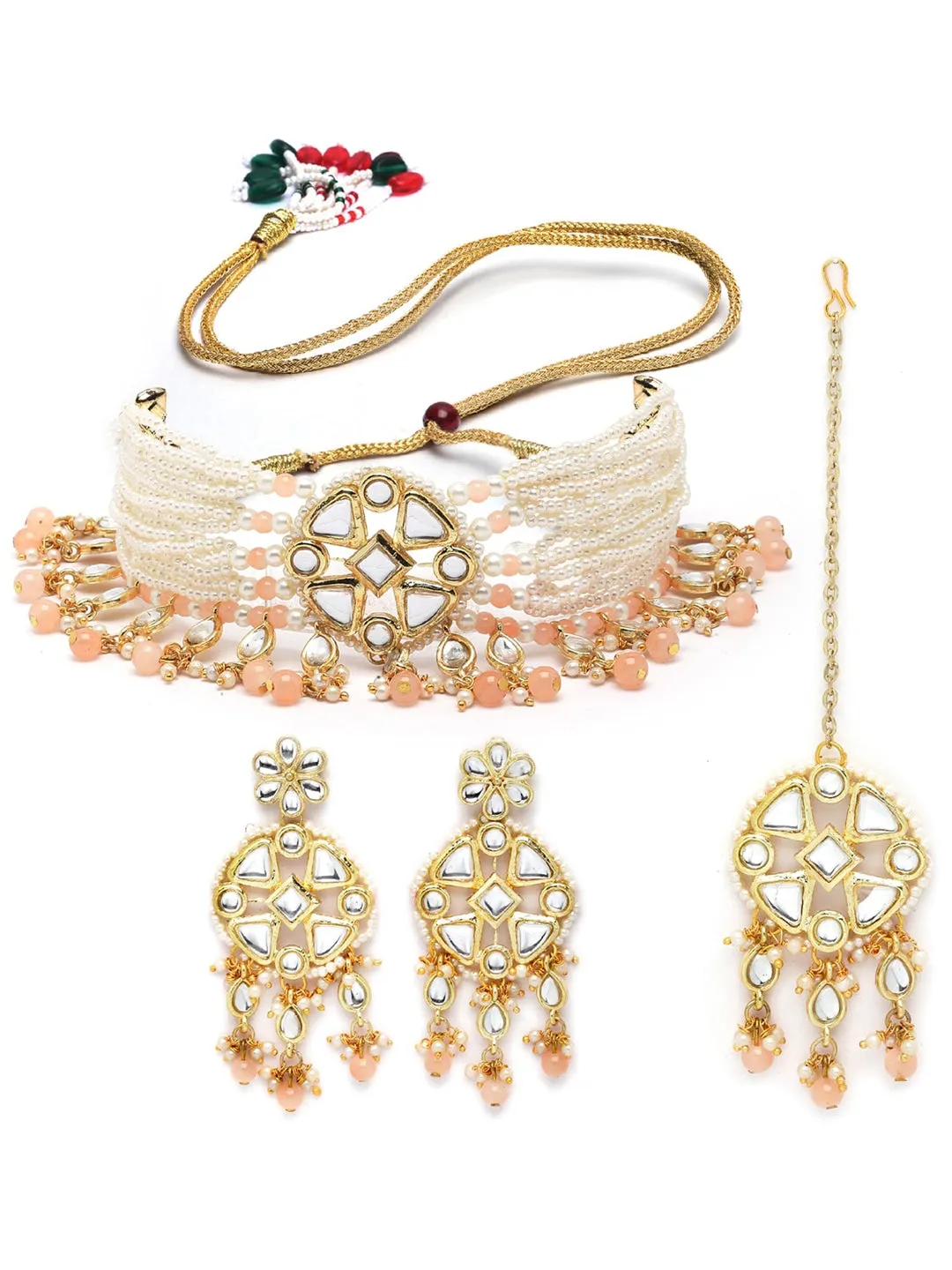 Women Gold Plated Peach Beads Studded Kundan Choker Necklace Set