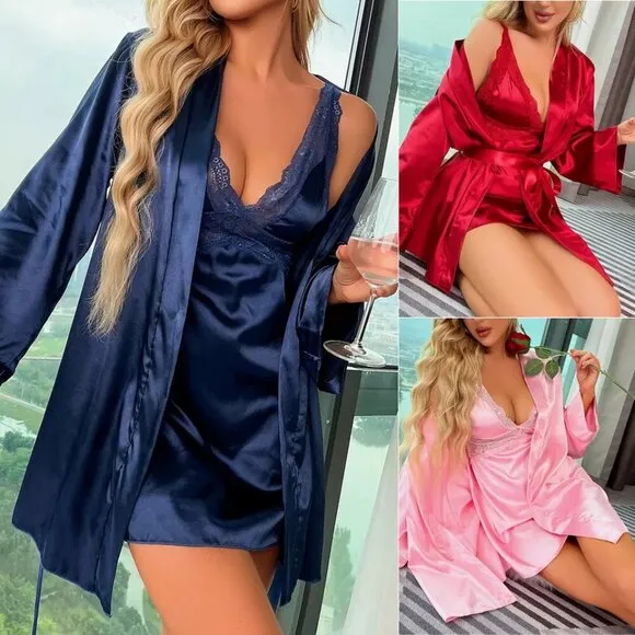 Women Sexy Lingerie Silk Dress Lingerie Babydoll Sleepwear Robe Nightshirt Sets