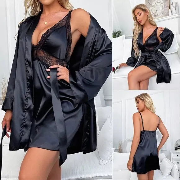 Women Sexy Lingerie Silk Dress Lingerie Babydoll Sleepwear Robe Nightshirt Sets