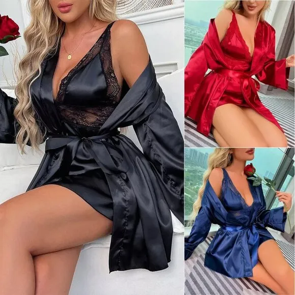 Women Sexy Lingerie Silk Dress Lingerie Babydoll Sleepwear Robe Nightshirt Sets