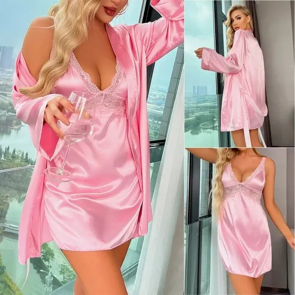 Women Sexy Lingerie Silk Dress Lingerie Babydoll Sleepwear Robe Nightshirt Sets