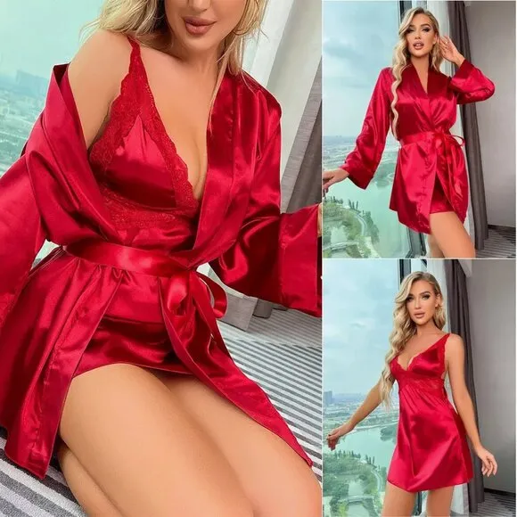 Women Sexy Lingerie Silk Dress Lingerie Babydoll Sleepwear Robe Nightshirt Sets
