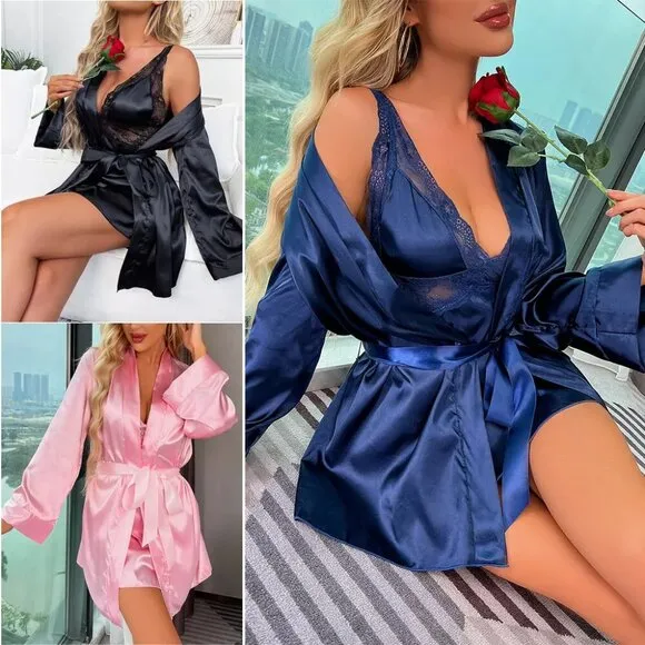 Women Sexy Lingerie Silk Dress Lingerie Babydoll Sleepwear Robe Nightshirt Sets