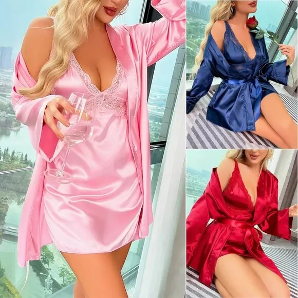 Women Sexy Lingerie Silk Dress Lingerie Babydoll Sleepwear Robe Nightshirt Sets