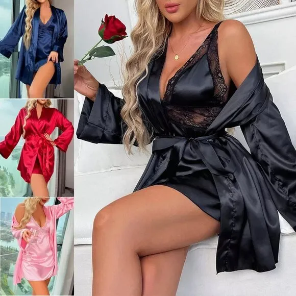 Women Sexy Lingerie Silk Dress Lingerie Babydoll Sleepwear Robe Nightshirt Sets