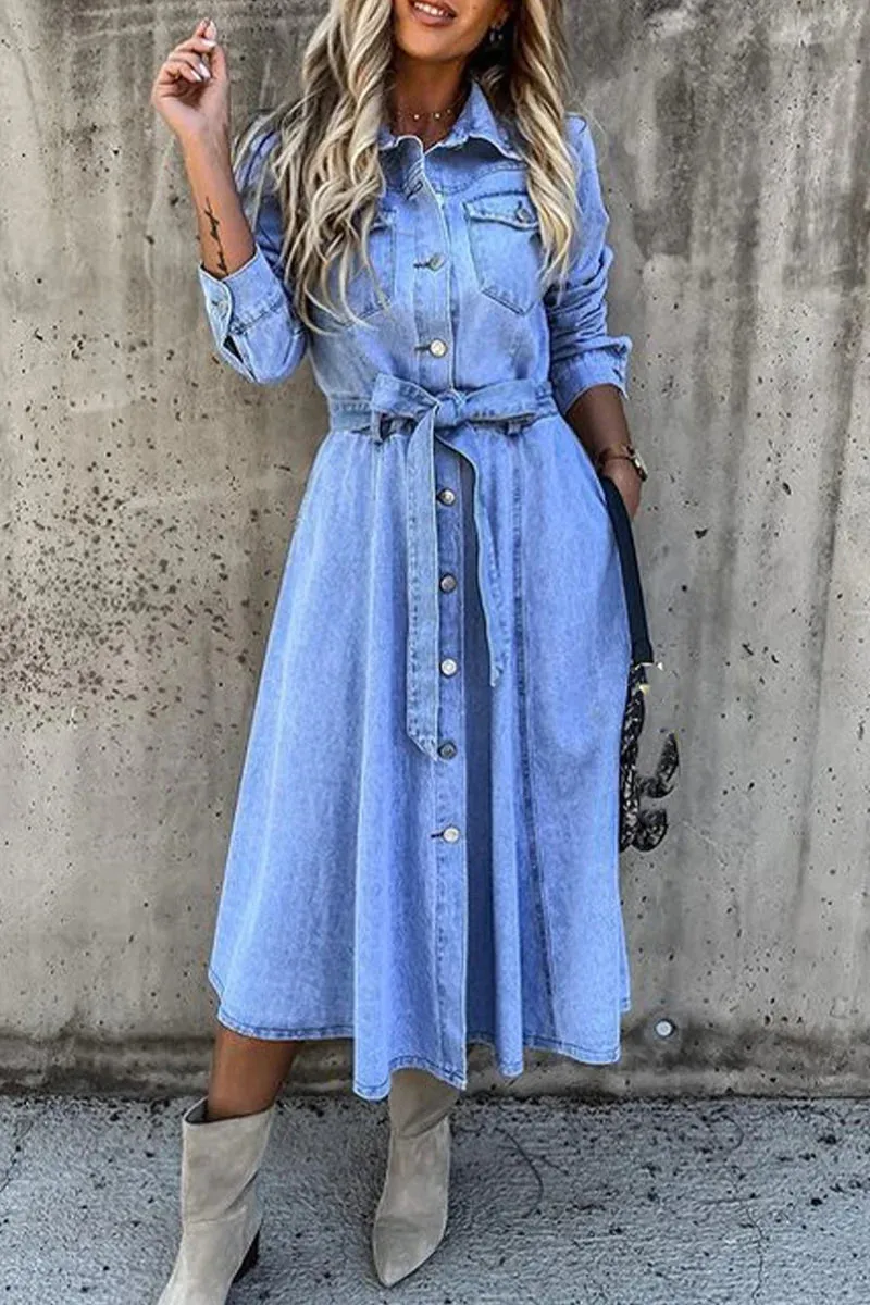 Work Elegant Solid Patchwork Pocket Frenulum Buckle Turndown Collar Long Sleeve High Waist Regular Denim Dresses