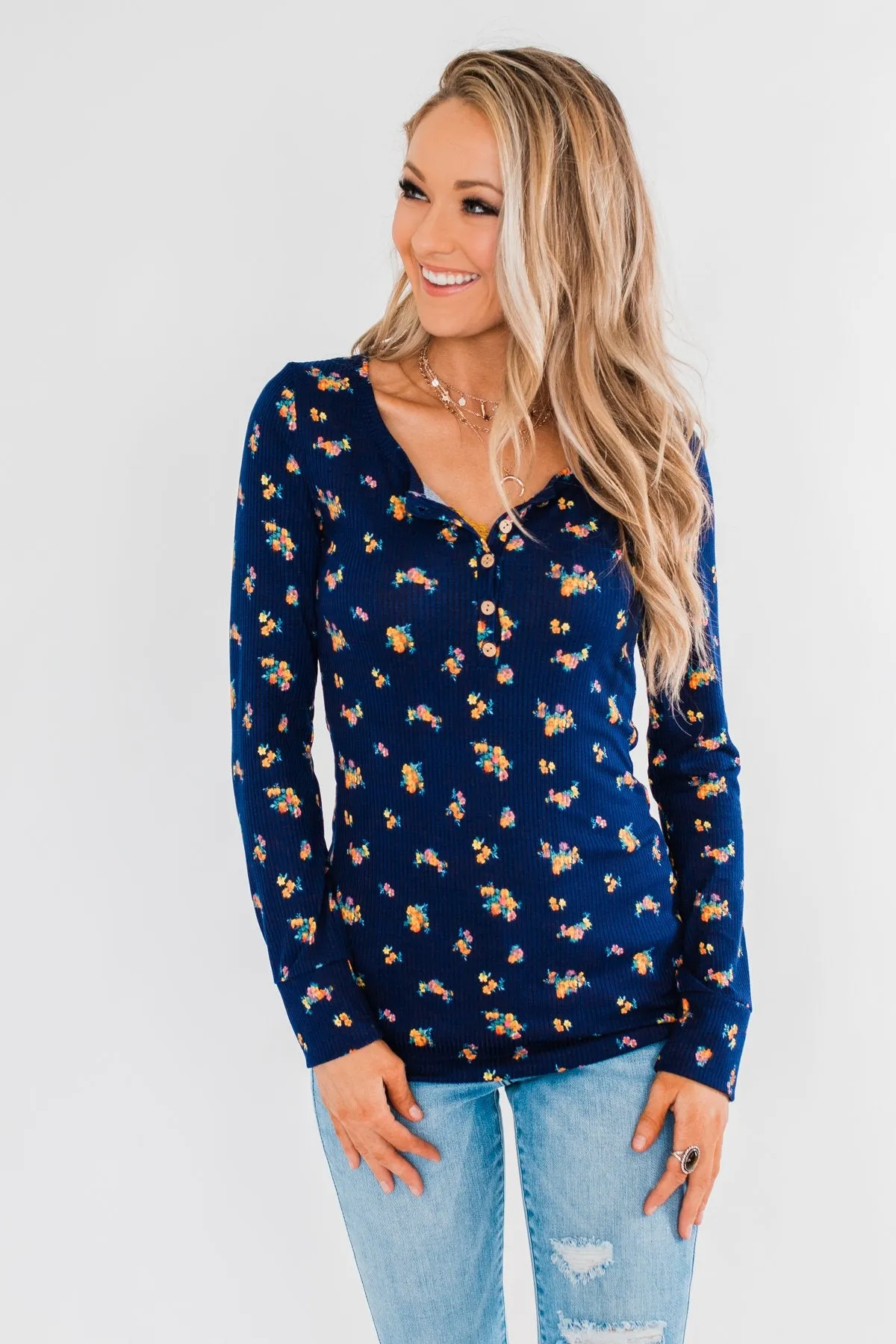 Work of Art Long Sleeve Floral Henley- Navy