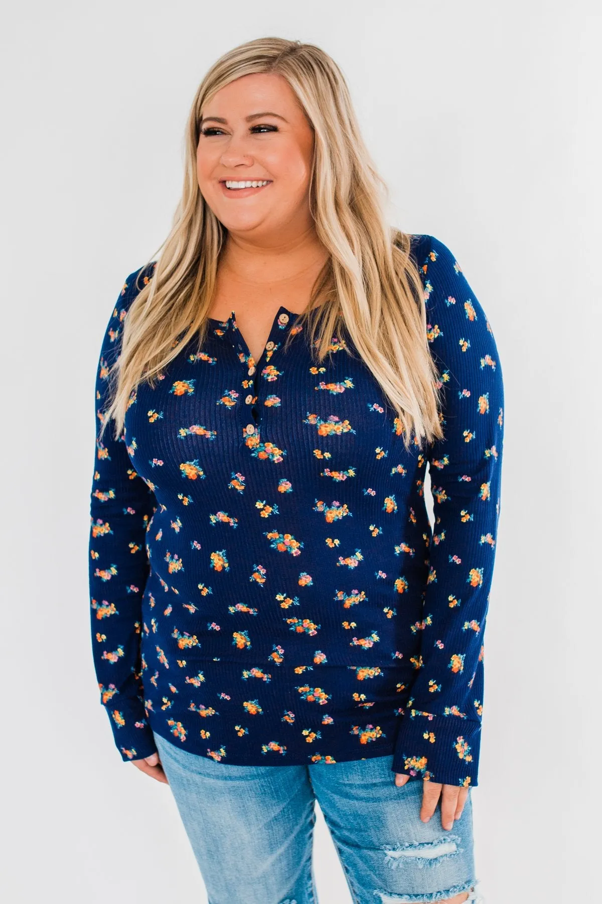 Work of Art Long Sleeve Floral Henley- Navy