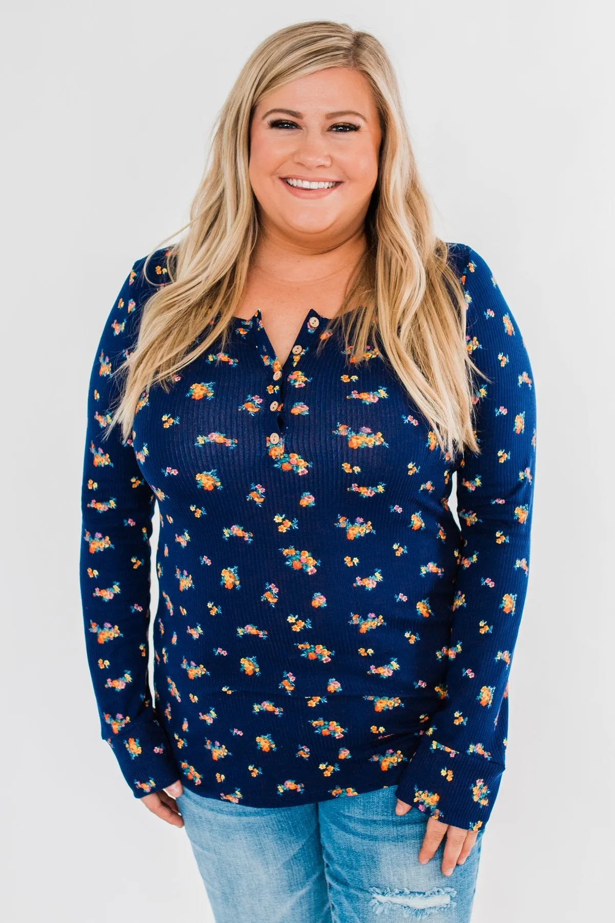 Work of Art Long Sleeve Floral Henley- Navy