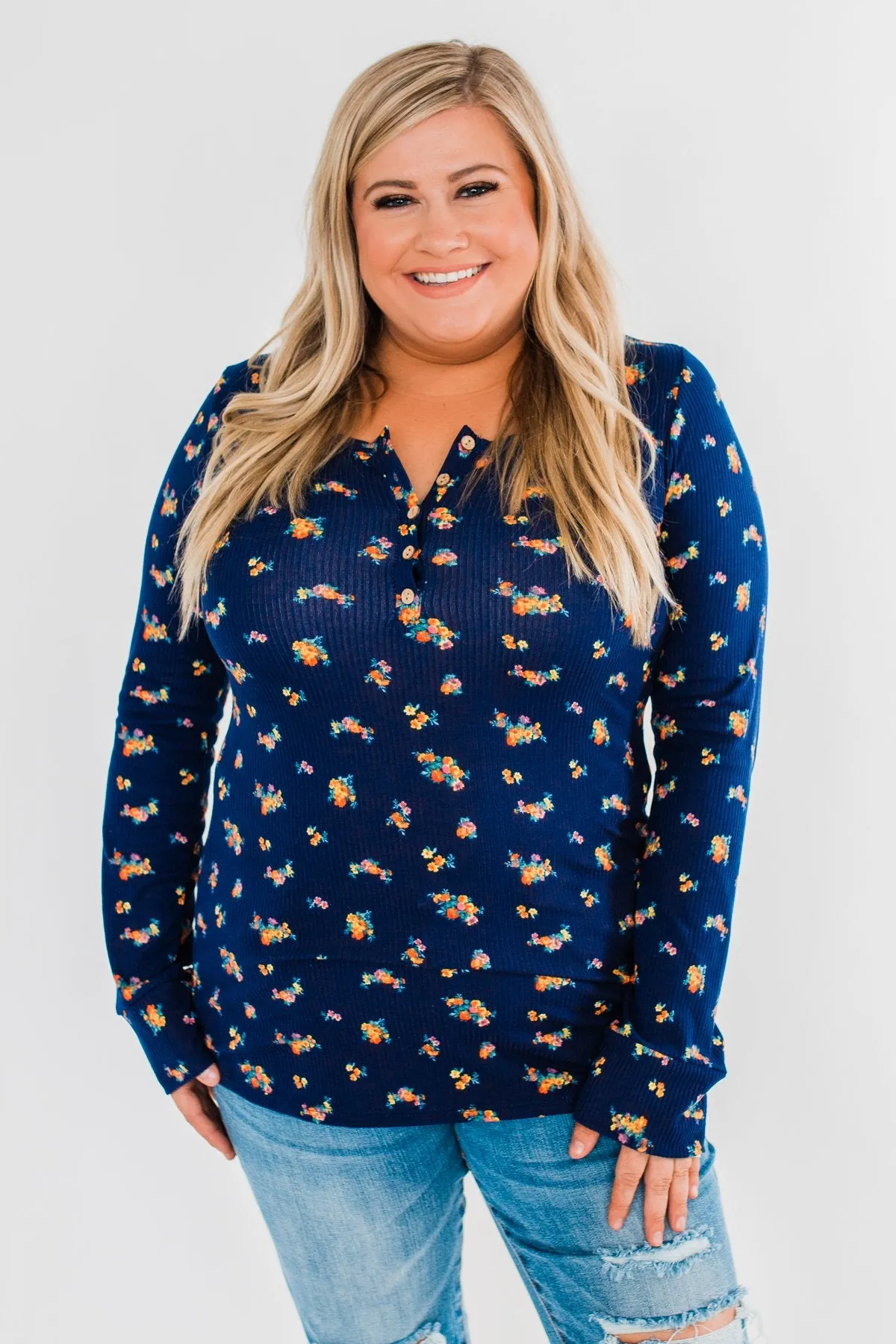Work of Art Long Sleeve Floral Henley- Navy