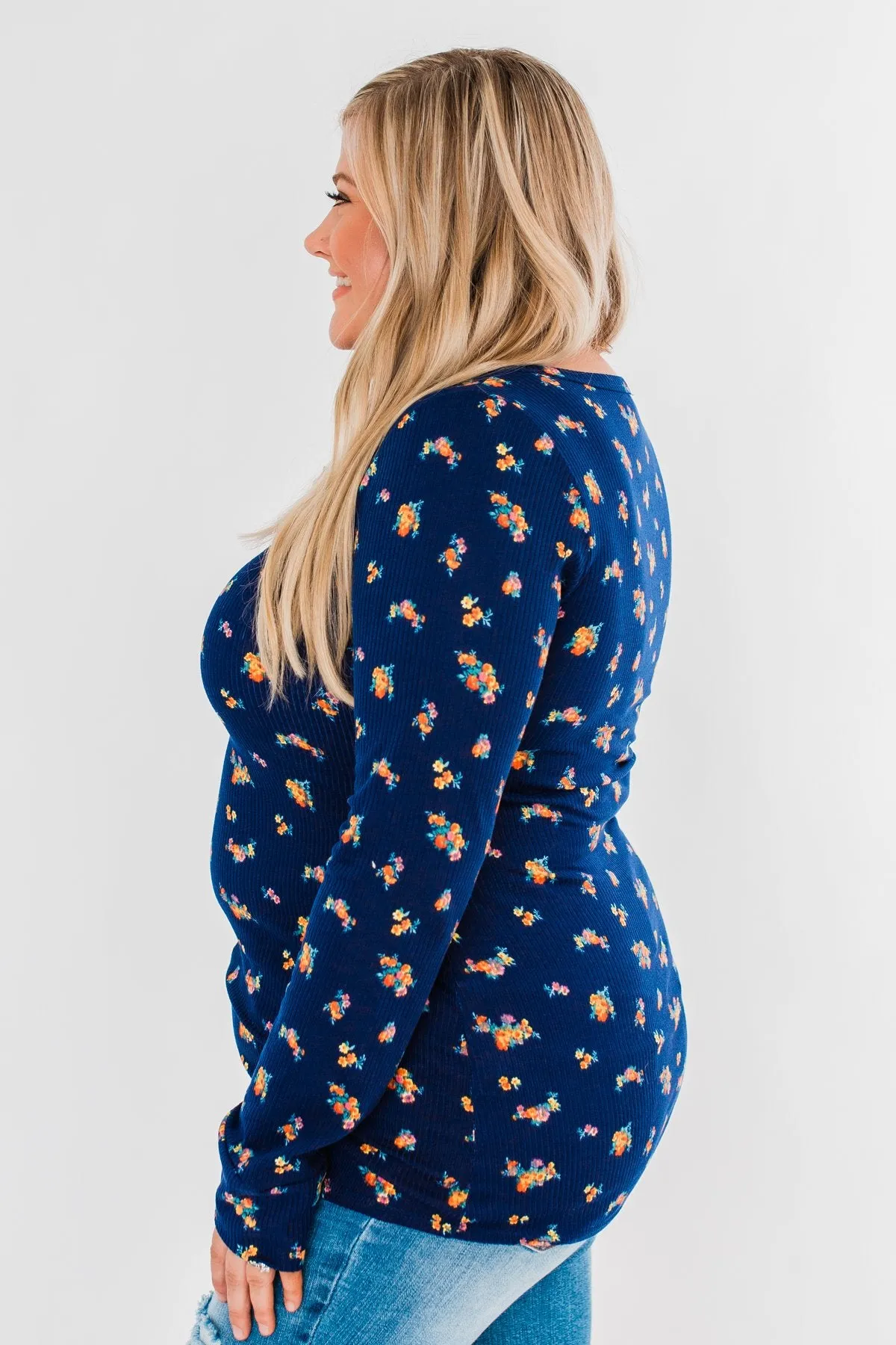 Work of Art Long Sleeve Floral Henley- Navy