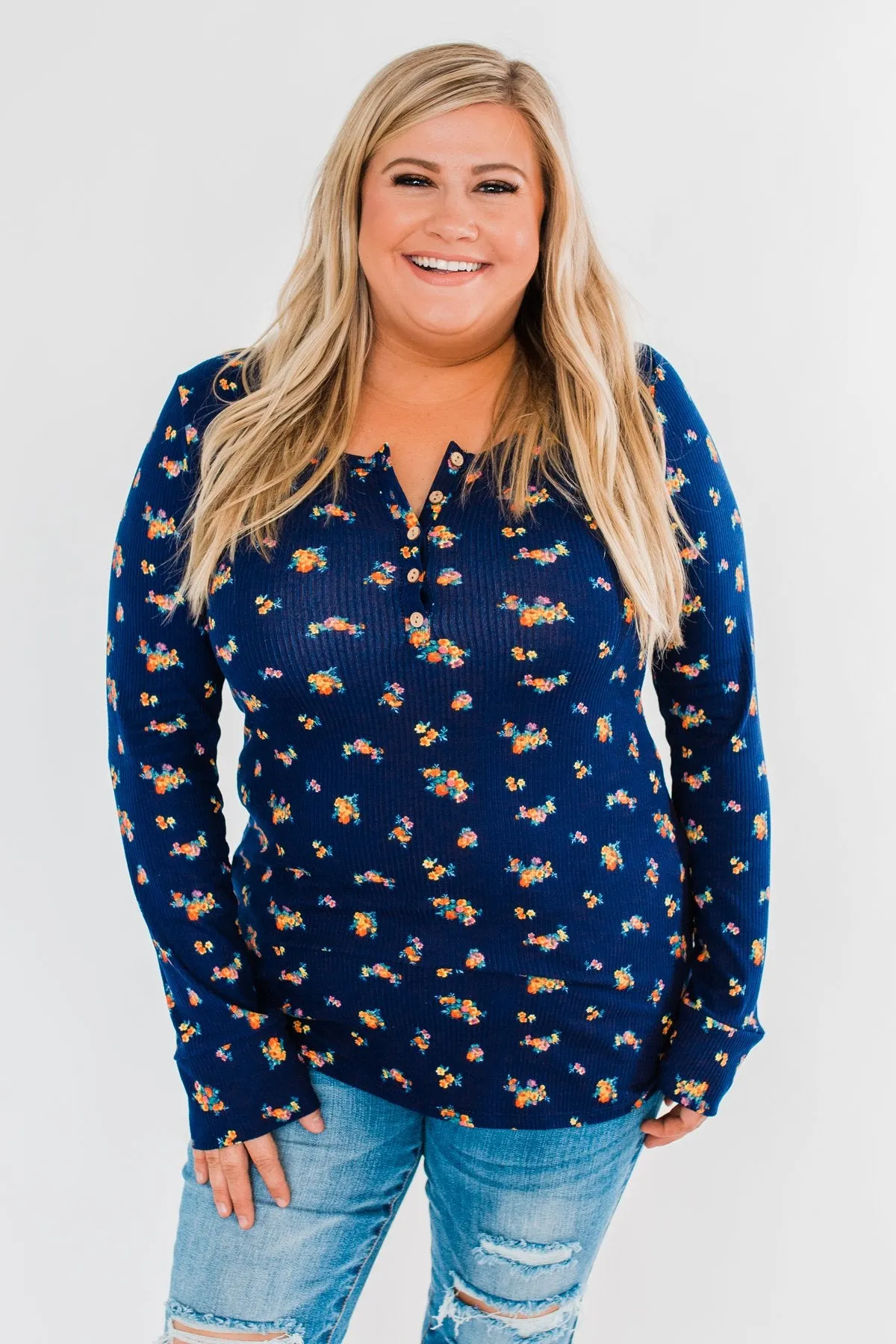 Work of Art Long Sleeve Floral Henley- Navy