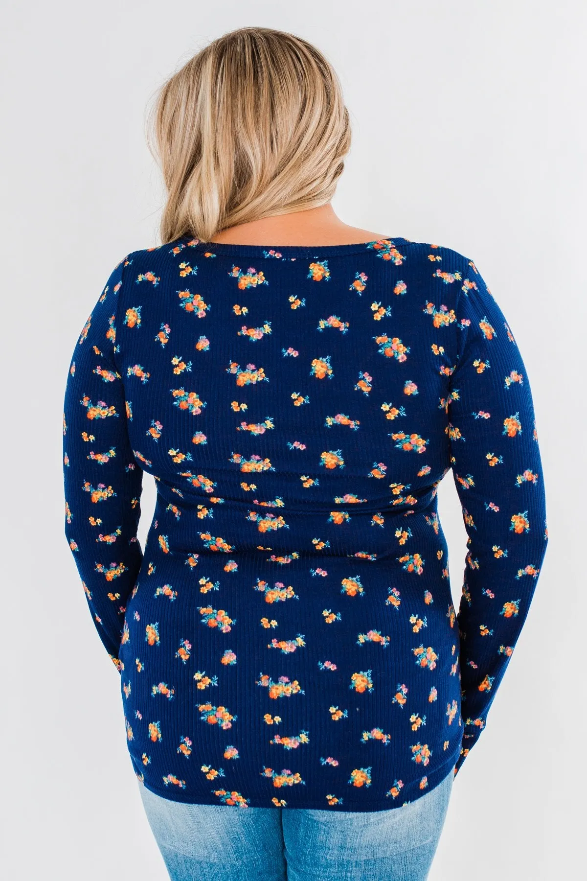 Work of Art Long Sleeve Floral Henley- Navy