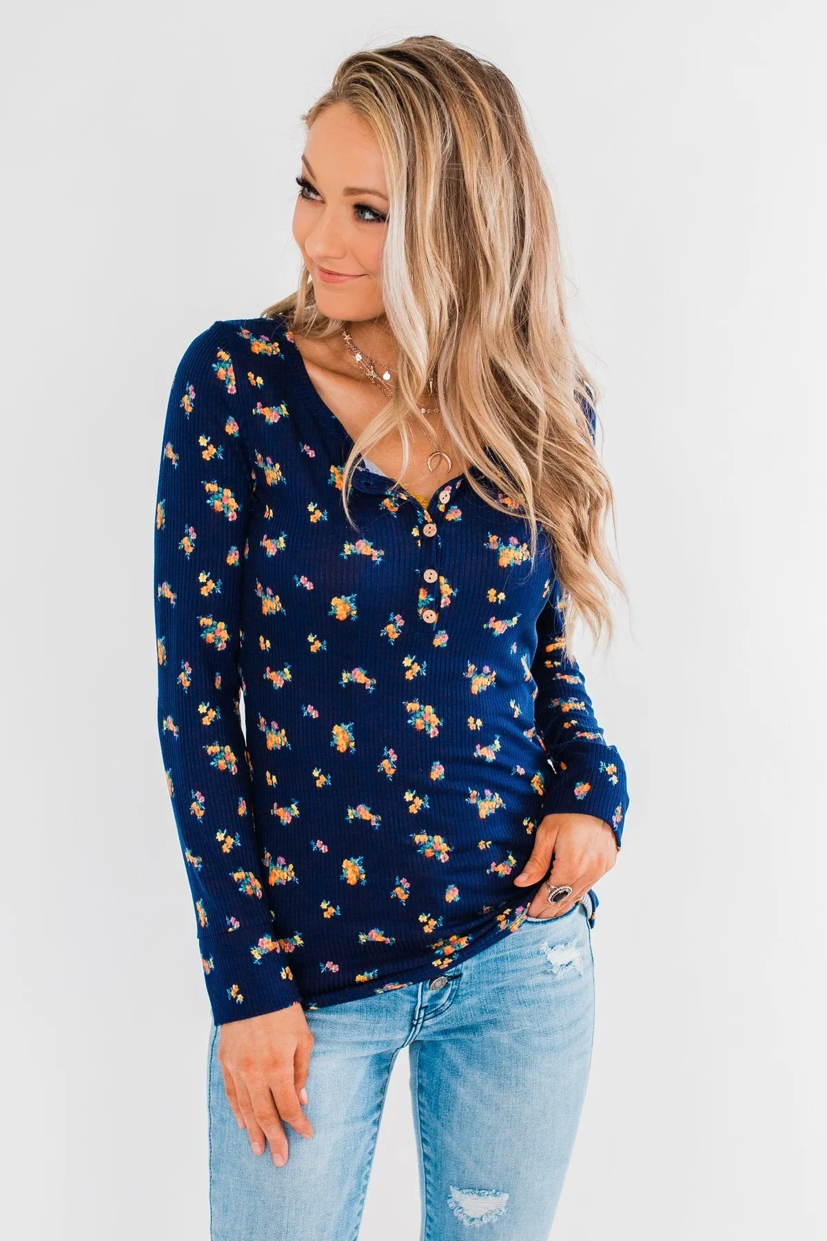 Work of Art Long Sleeve Floral Henley- Navy
