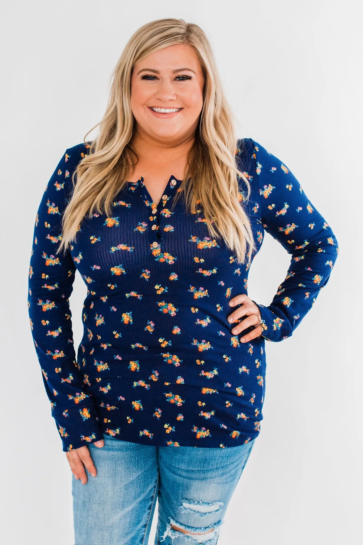 Work of Art Long Sleeve Floral Henley- Navy