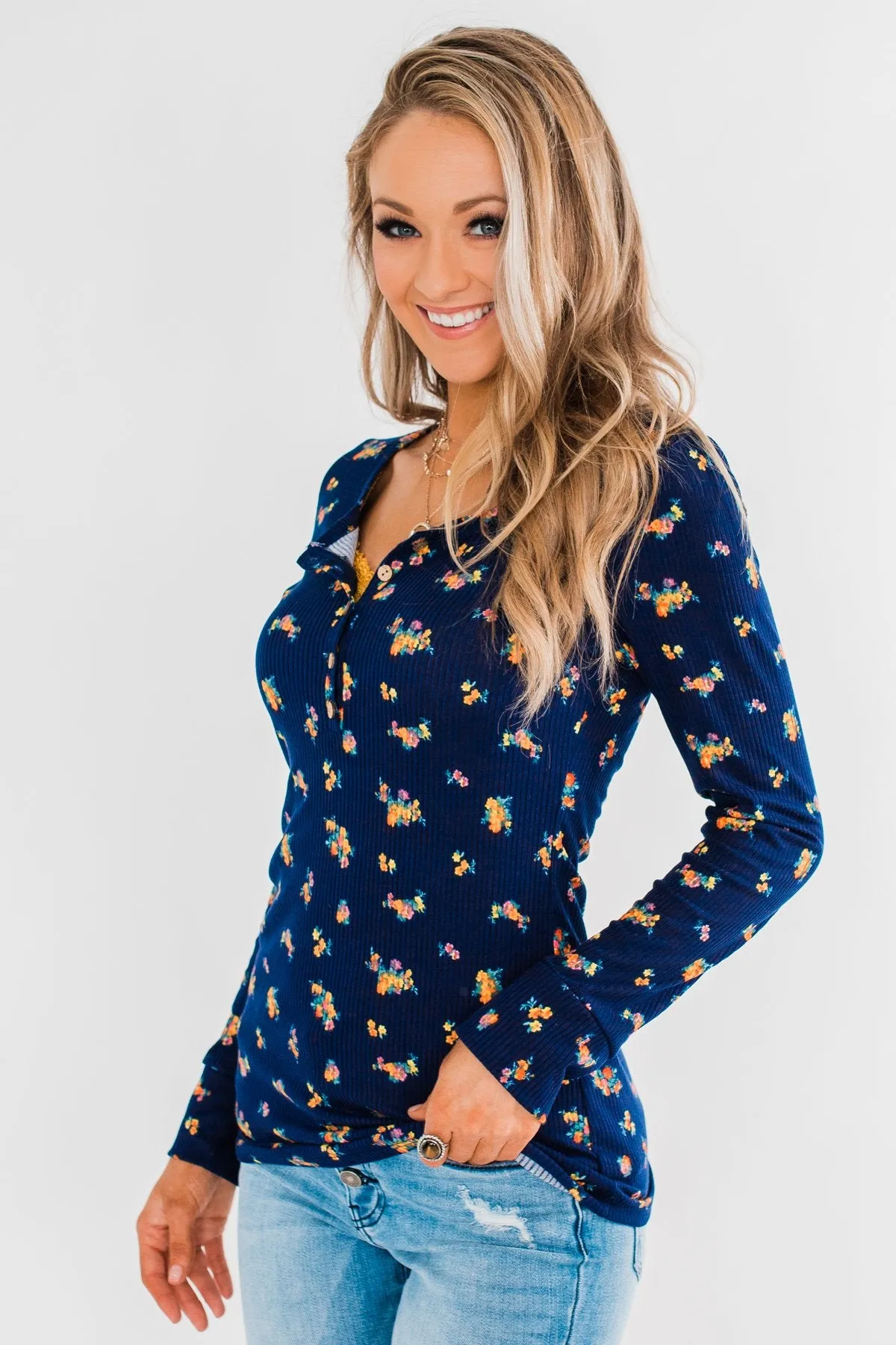 Work of Art Long Sleeve Floral Henley- Navy