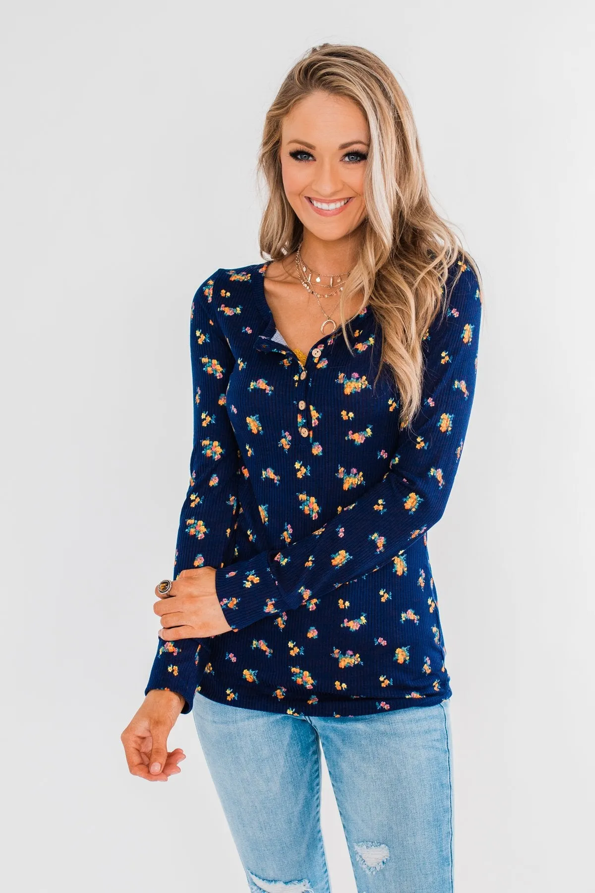 Work of Art Long Sleeve Floral Henley- Navy