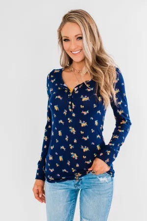 Work of Art Long Sleeve Floral Henley- Navy