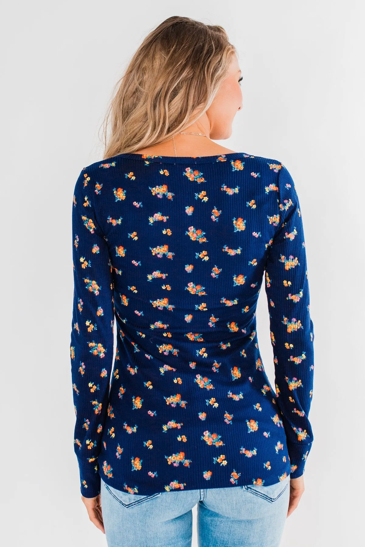 Work of Art Long Sleeve Floral Henley- Navy