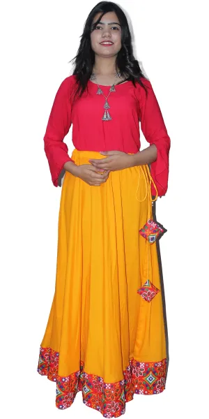 Yellow mustard color Gujarati Lehenga Skirt with Pendent Tie
